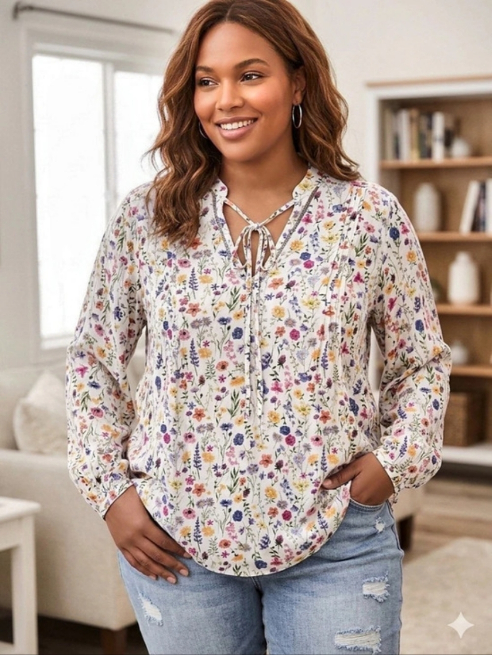 Faded Glory Floral Blouse in White & Multicolor Size XXL (20) Like New